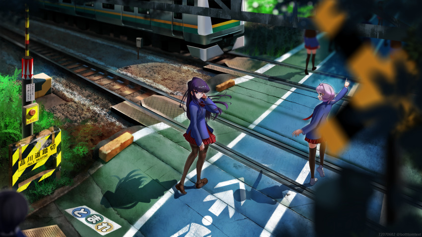 3girls, absurdres, arm_at_side, black_pantyhose, blazer, blue_jacket, blurry, bow, bowtie, brown_footwear, crossing_guard, depth_of_field, diagonal_stripes, grass, gravel, hand_in_own_hair, heel_up, highres, jacket, komi-san_wa_komyushou_desu, komi_shouko, loafers, long_hair, looking_at_viewer, multiple_girls, necktie, pantyhose, pleated_skirt, pointing, purple_hair, railroad_crossing, railroad_tracks, red_bow, red_bowtie, red_necktie, scenery, shirt, shoes, skirt, standing, standing_on_one_leg, striped, text682, thighband_pantyhose, thighhighs, train, tree, walking, white_footwear, white_shirt