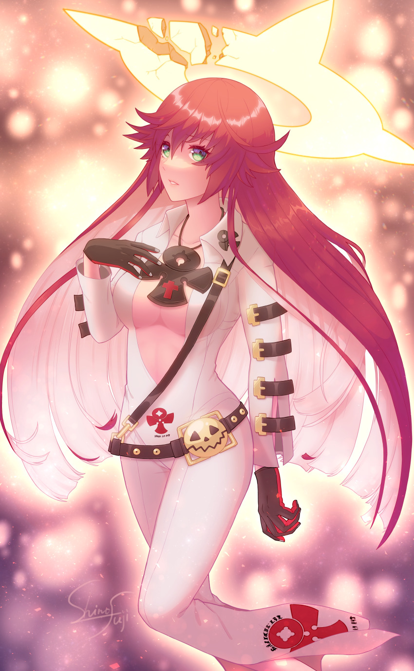 1girl, absurdres, ankh, ankh_necklace, belt, bodysuit, breasts, broken_halo