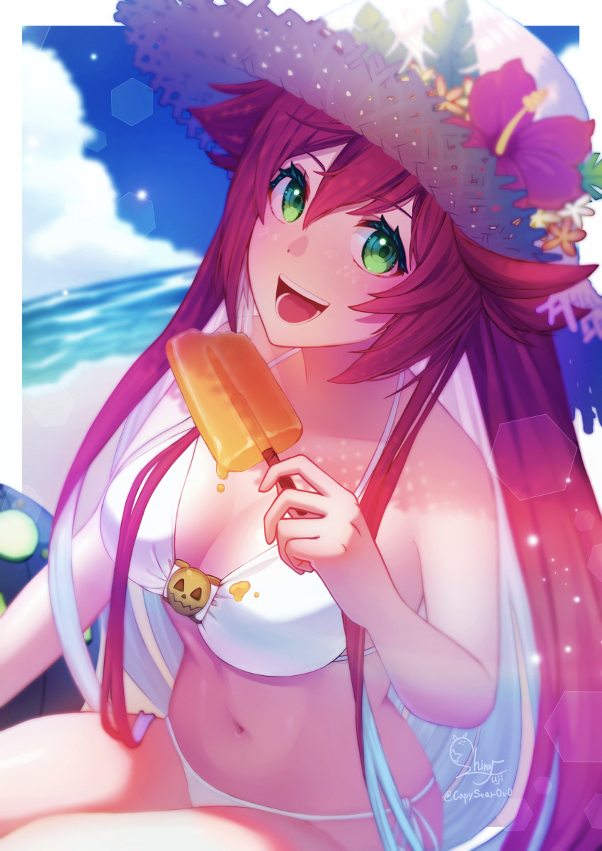 1girl, bare_shoulders, bikini, blue_sky, breasts, cloud, cloudy_sky, commentary_request, day, flower, food, green_eyes, guilty_gear, guilty_gear_strive, hat, hibiscus, highres, holding, holding_food, jack-o'_valentine, light_particles, long_hair, looking_at_viewer, medium_breasts, multicolored_hair, navel, ocean, open_mouth, outdoors, popsicle, red_hair, shiny_skin, signature, simple_background, sky, smile, stomach, straw_hat, suesuguru, sunlight, swimsuit, thighs, two-tone_hair, water, white_bikini, white_hair