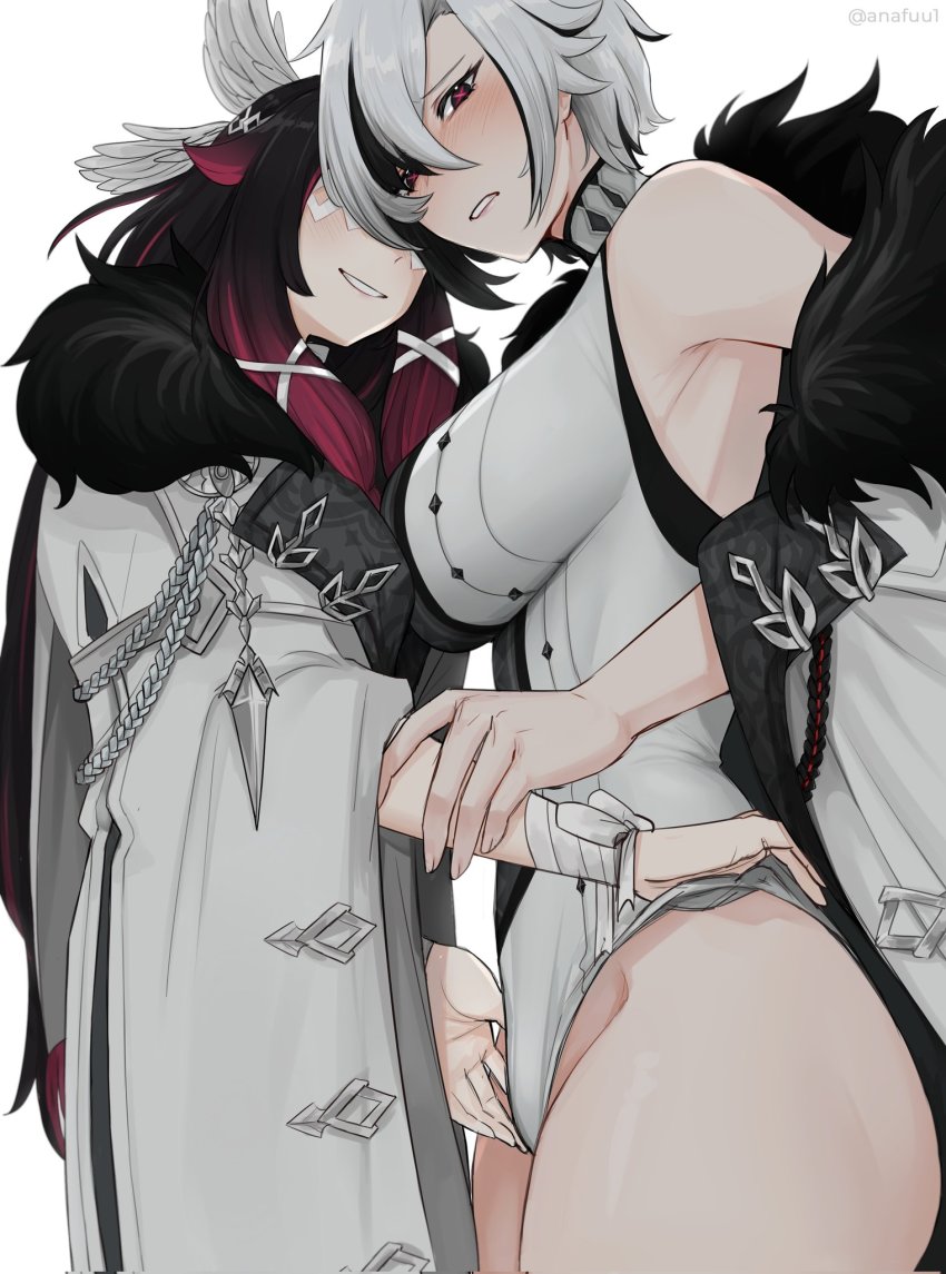 2girls, anafuu, arlecchino_(genshin_impact), bare_shoulders, black_hair, blush, breasts, clenched_teeth, closed_eyes, coat, columbina_(genshin_impact), eye_mask, fatui_coat, fur_trim, genshin_impact, groin, hair_ornament, highres, large_breasts, leotard, long_hair, mask, multicolored_hair, multiple_girls, off_shoulder, pink_hair, short_hair, sidelocks, simple_background, smile, symbol-shaped_pupils, teeth, two-tone_hair, white_background, white_coat, white_hair, white_leotard, x_hair_ornament, yuri