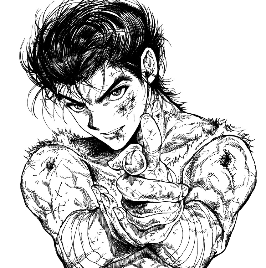 1boy, bandaged_arm, bandages, blood, blood_on_arm, blood_on_face, collarbone, cuts