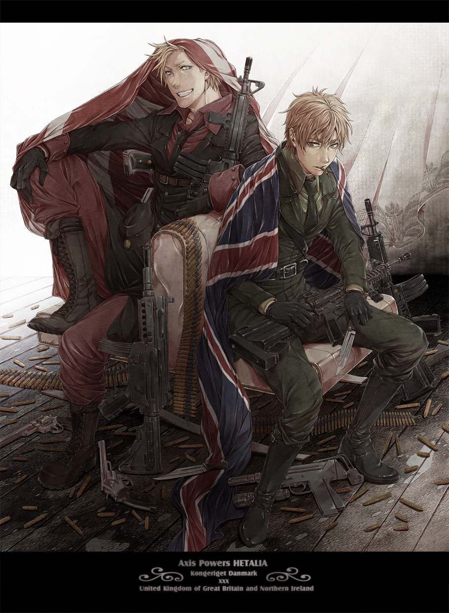 2boys, assault_rifle, axis_powers_hetalia, azuma_yuuhi, bad_id, bad_pixiv_id, blonde_hair, bullet, denmark_(hetalia), flag, gloves, gun, handgun, highres, knife, letterboxed, machine_gun, male_focus, military, military_uniform, mouth_hold, multiple_boys, northern_ireland_(hetalia), revolver, rifle, smile, united_kingdom_(hetalia), weapon