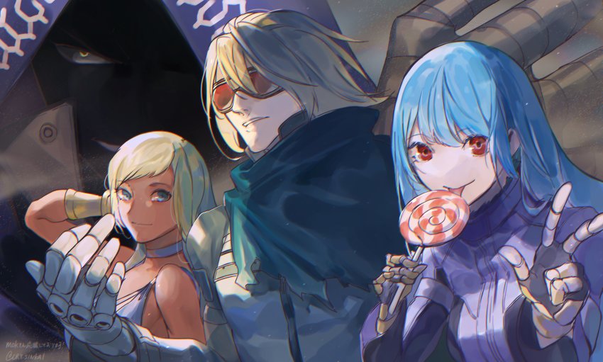 2boys, 2girls, absurdres, alternate_color, arm_behind_head, artist_name, bare_shoulders, blonde_hair