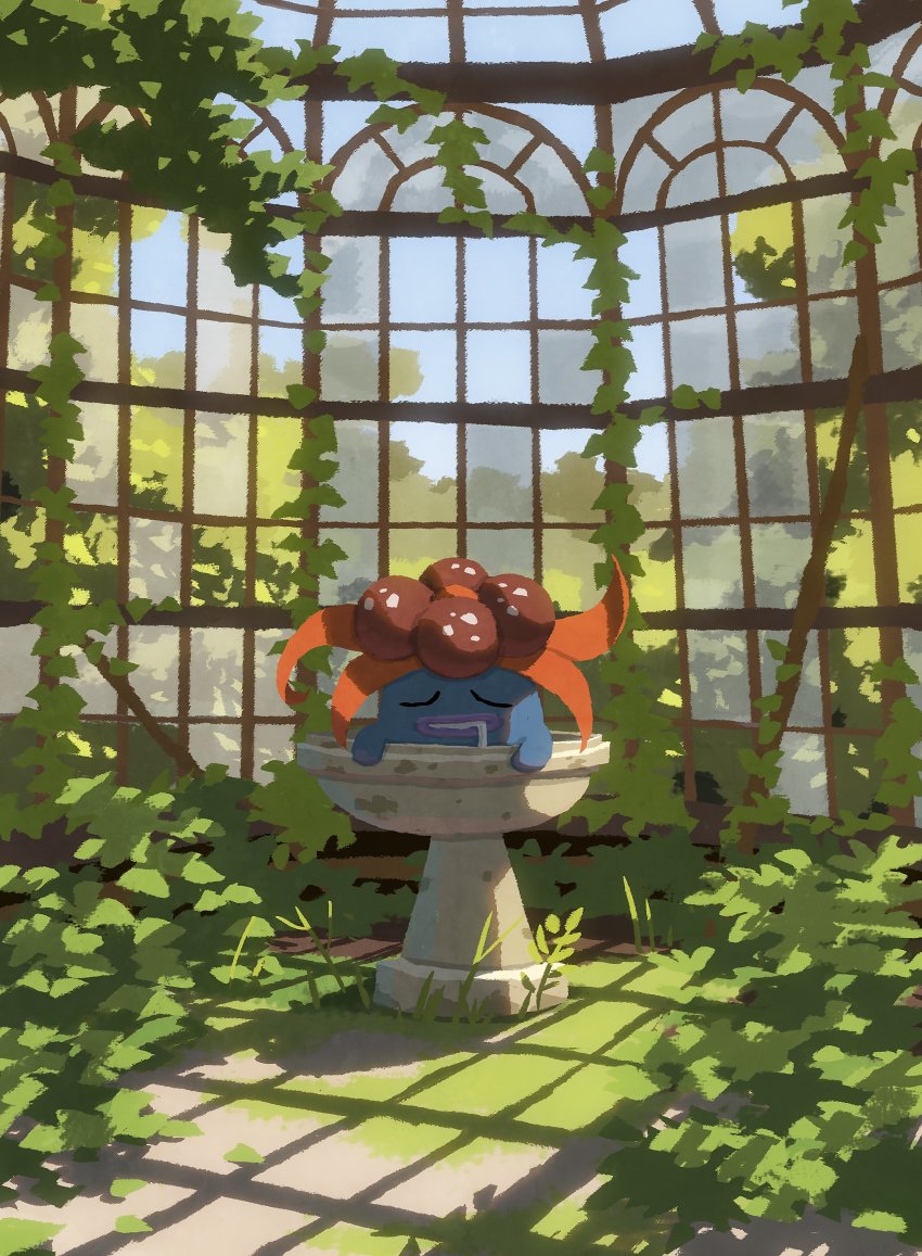 absurdres, bird_bath, broken_window, closed_eyes, day, drooling, gazebo, gloom_(pokemon)