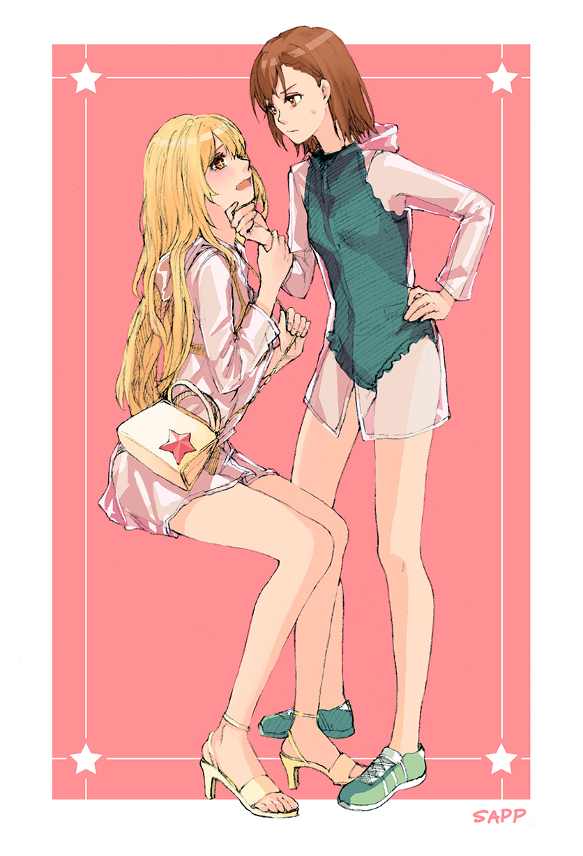 2girls, alternate_costume, bag, blonde_hair, border, brown_eyes, brown_hair, eye_contact