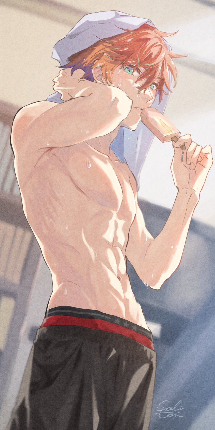 1boy, aqua_eyes, black_shorts, blurry, blurry_background, bookshelf, cali_tori, cowboy_shot