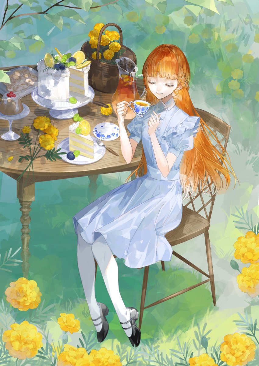 1girl, basket, black_shoes, blackberry_(fruit), blue_dress, blunt_bangs, braid, cake