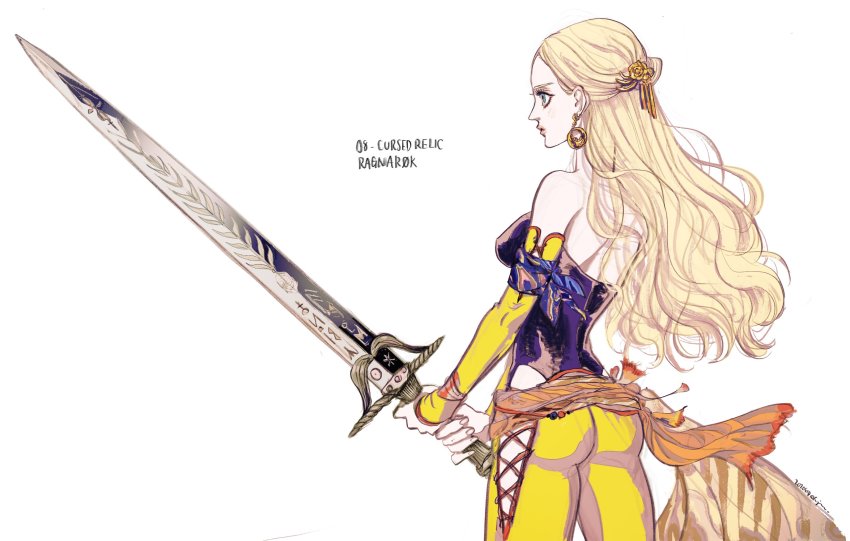 amano_yoshitaka_design, ass, blonde_hair, blue_leotard, breasts, celes_chere, detached_sleeves, earrings