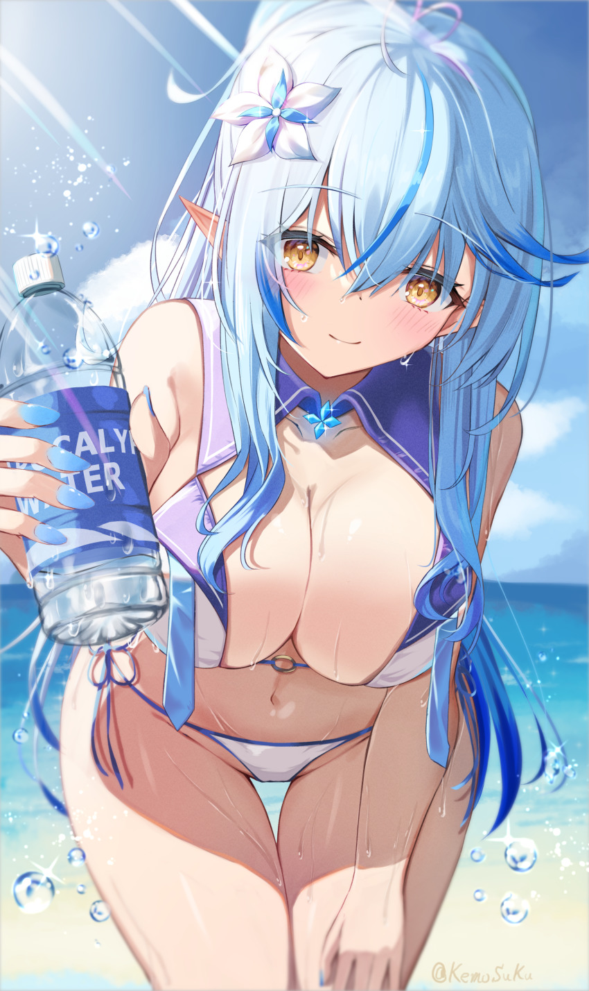 1girl, absurdres, ahoge, bare_arms, beach, bikini, blue_hair, blue_sky, blush, bottle, breasts, bubble, cleavage, closed_mouth, english_text, flower, hair_between_eyes, hair_flower, hair_ornament, hand_on_own_thigh, heart, heart_ahoge, highleg, highleg_bikini, highres, holding, holding_bottle, hololive, keesuke_(kkosyoku), large_breasts, leaning_forward, long_hair, looking_at_viewer, multicolored_hair, o-ring, o-ring_bikini, ocean, outdoors, pointy_ears, side-tie_bikini_bottom, sky, smile, solo, sparkle, standing, strap_gap, streaked_hair, string_bikini, sunlight, swimsuit, thigh_gap, twitter_username, virtual_youtuber, water_bottle, water_drop, yellow_eyes, yukihana_lamy