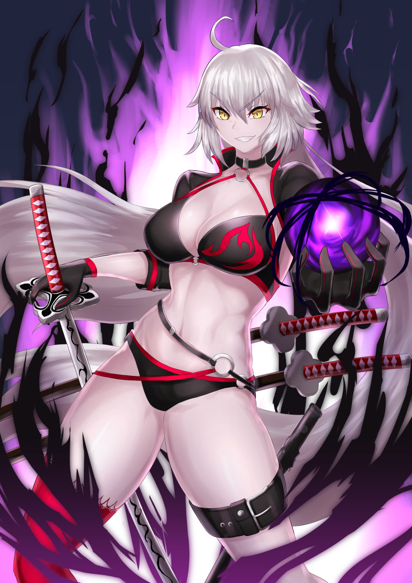 1girl, abs, absurdres, ahoge, bikini, black_bikini, black_gloves, black_jacket