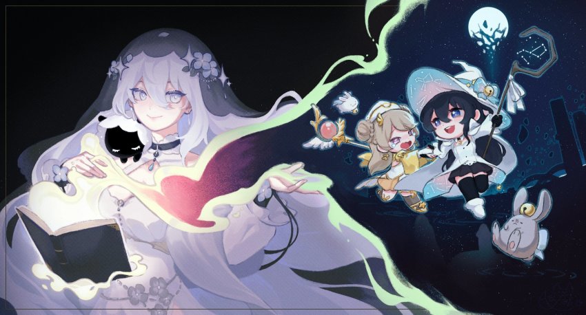 bell, black_hair, blue_eyes, character_request, chibi, closed_mouth, dress, flower