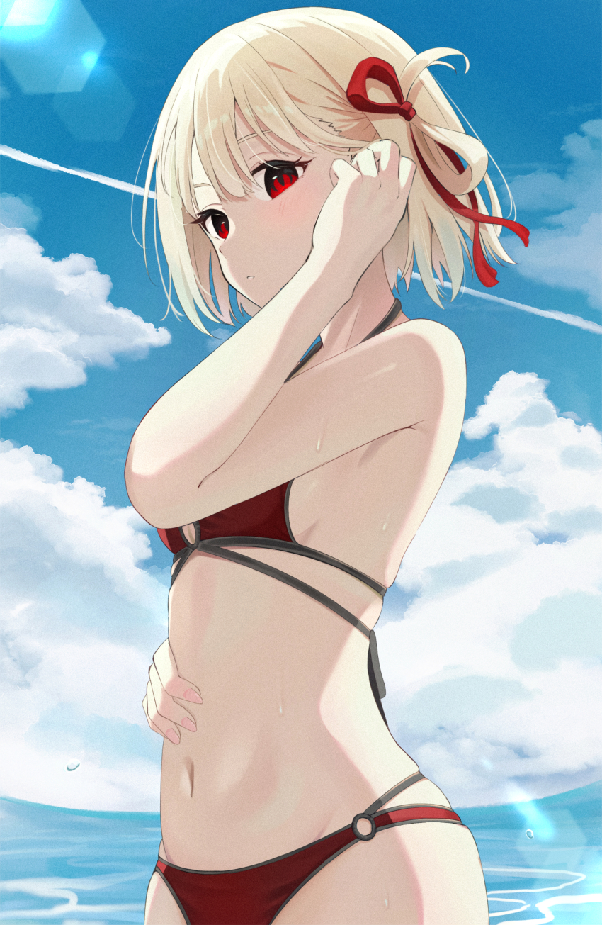 1girl, absurdres, adjusting_hair, bikini, blonde_hair, blue_sky, breasts, cloud