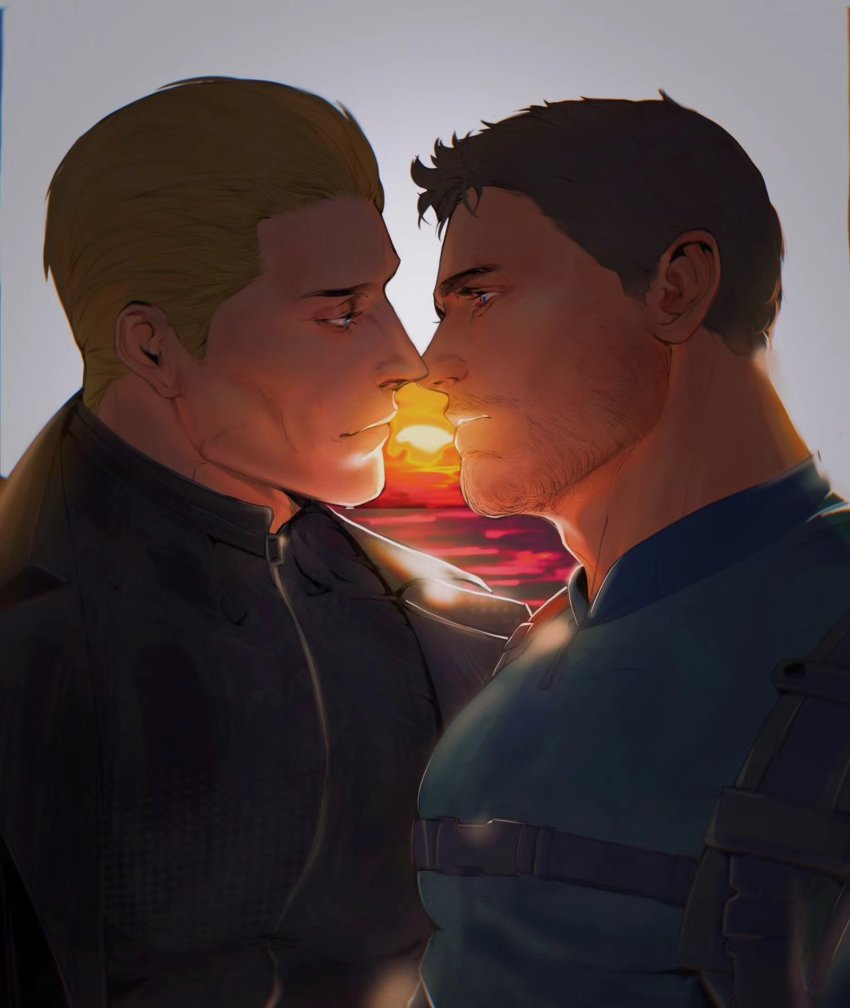 2boys, albert_wesker, bara, black_coat, black_hair, black_shirt, blonde_hair, chris_redfield, closed_mouth, coat, couple, eye_contact, facial_hair, green_shirt, highres, large_pectorals, lemon_saltfish, looking_at_another, male_focus, multiple_boys, muscular, muscular_male, open_clothes, open_coat, pectorals, resident_evil, resident_evil_5, shirt, short_hair, sunset, upper_body, yaoi