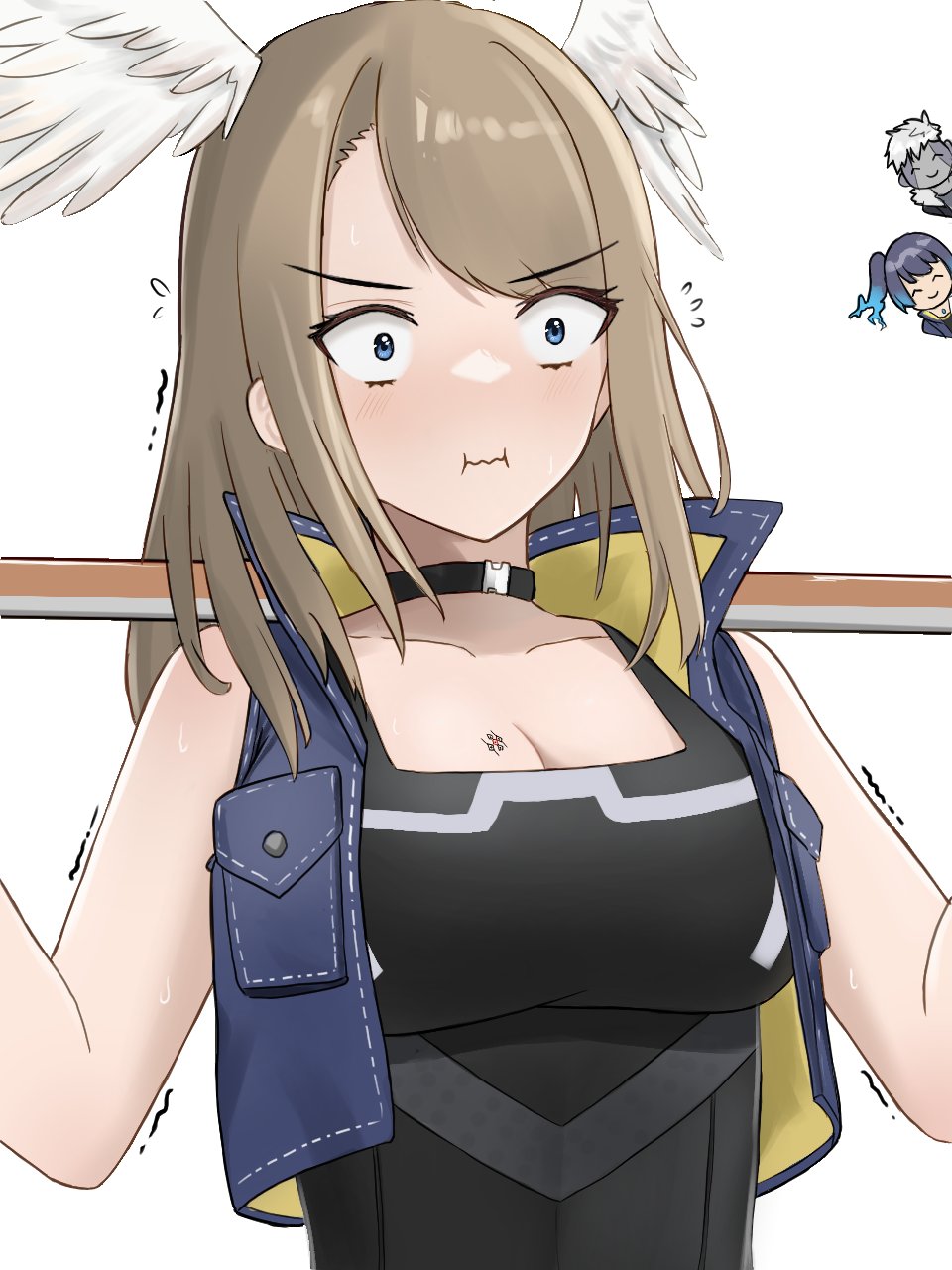 1boy, 2girls, black_bodysuit, black_choker, blue_eyes, blue_hair, blush, bodysuit