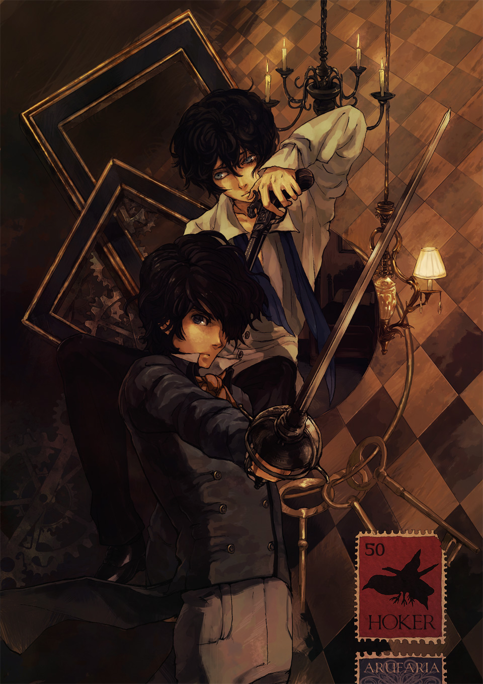 2boys, artist_request, black_eyes, black_hair, blue_eyes, bristol, chandelier, character_request, florence, framed, gears, gun, hair_over_one_eye, handgun, highres, house_of_hoker, indoors, key, kokuto, male_focus, multiple_boys, non-web_source, rapier, stamp, sword, weapon