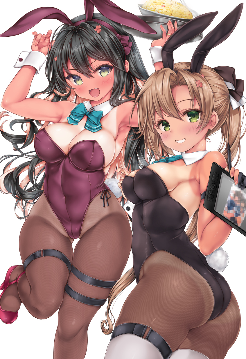 2girls, akigumo_(kancolle), akigumo_kai_ni_(kancolle), animal_ears, black_hair, black_leotard, blue_bow, blue_bowtie, bow, bowtie, breasts, brown_hair, brown_pantyhose, censored, cleavage, colored_inner_hair, commentary_request, cowboy_shot, detached_collar, drawing_tablet, gradient_eyes, green_eyes, grey_thighhighs, grin, hair_down, hair_ribbon, highres, kantai_collection, large_breasts, leotard, long_hair, looking_at_viewer, mole, mole_under_eye, mosaic_censoring, multicolored_eyes, multicolored_hair, multiple_girls, naganami_(kancolle), naganami_kai_ni_(kancolle), nijimoto_hirok, one-piece_tan, pantyhose, pink_hair, playboy_bunny, ponytail, purple_leotard, rabbit_ears, rabbit_tail, ribbon, simple_background, smile, tail, tan, tanline, thighhighs, two-tone_hair, wavy_hair, white_background, wrist_cuffs