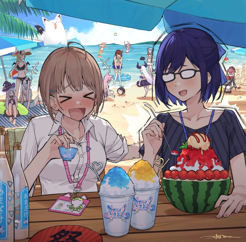 >_<, a-chan_(hololive), bikini, black-framed_eyewear, black_hair, blonde_hair, blue_hair, brown_hair