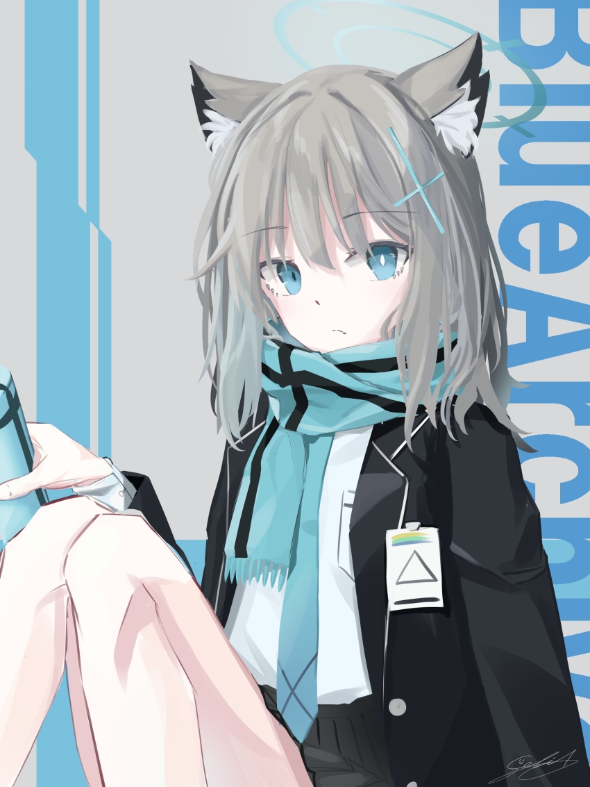 1girl, absurdres, animal_ears, blue_archive, blue_eyes, celia_1315, english_text, grey_hair