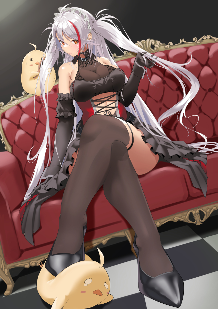 absurdres, azur_lane, breasts, cleavage, clothing_cutout, couch, crossed_legs, detached_sleeves