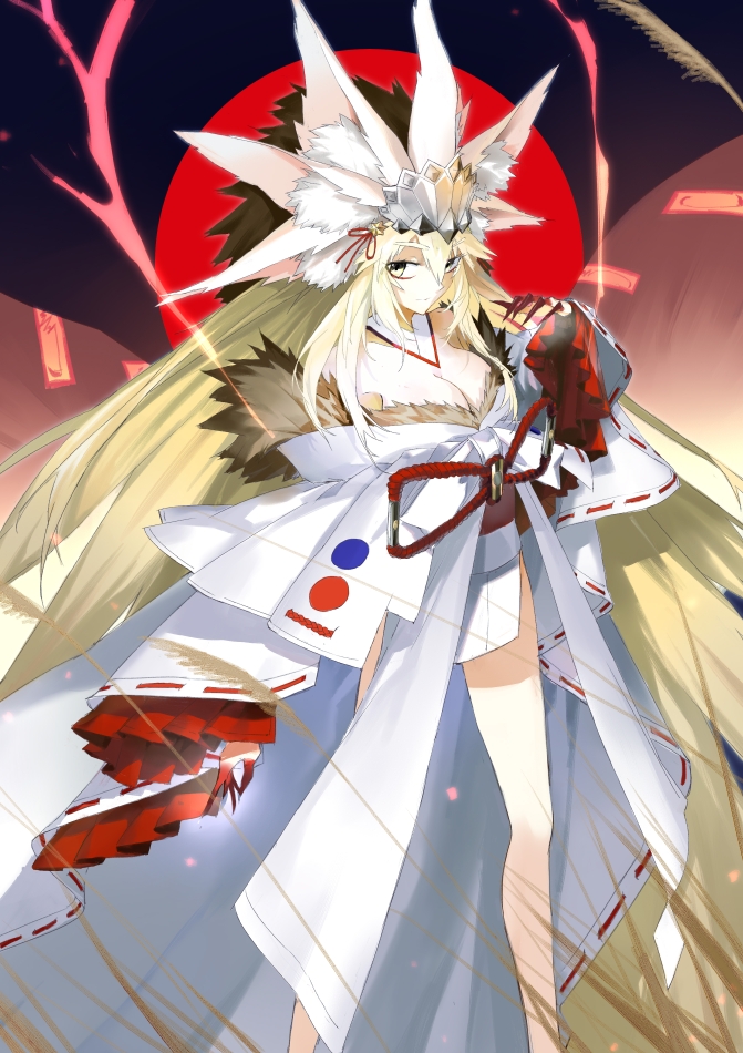 1girl, absurdly_long_hair, animal_ears, blonde_hair, breasts, cleavage, extra_ears, fate/grand_order, fate_(series), fox_ears, fox_girl, fox_tail, koyanskaya_(fate), koyanskaya_(foreigner)_(third_ascension)_(fate), koyanskaya_(lostbelt_beast:iv)_(fate), long_hair, rathalosx4, solo, tail, very_long_hair, yellow_eyes