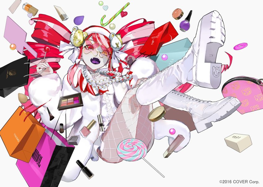 1girl, bag, boots, candy, candy_cane, character_hair_ornament, coat, convenient_censoring