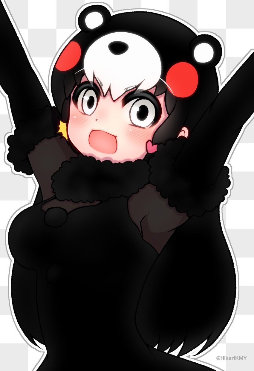 1girl, animal_ears, bear_ears, bear_girl, black_fur, black_gloves, black_hair, black_shirt