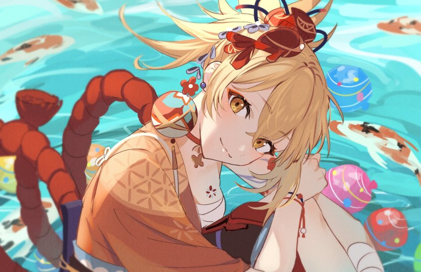 1girl, arm_tattoo, blonde_hair, bracelet, chest_tattoo, closed_mouth, earrings, fish