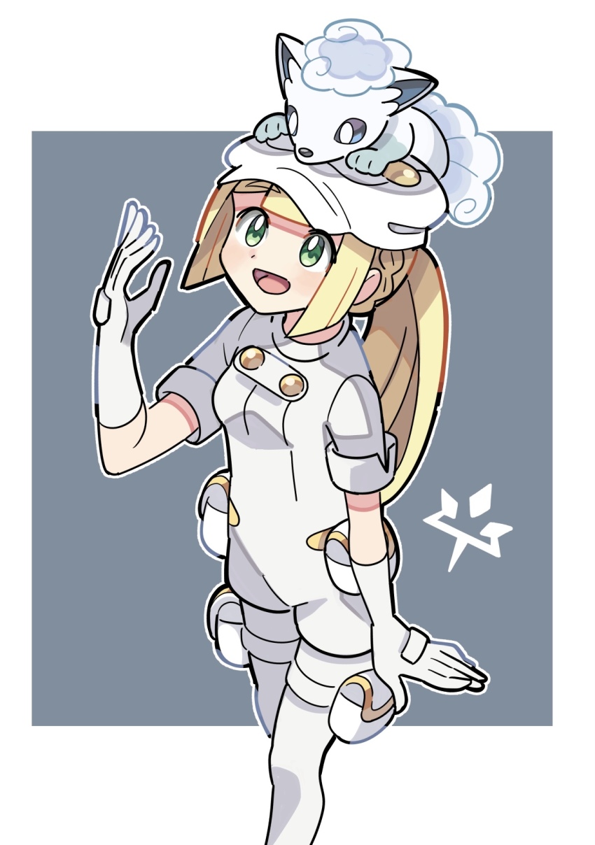 1girl, :d, aether_foundation_uniform, alolan_form, alolan_vulpix, alternate_costume, blonde_hair, border