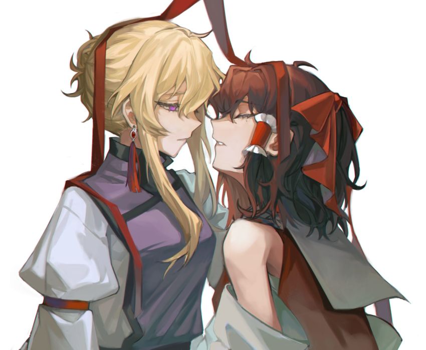 2girls, arm_strap, bare_shoulders, blonde_hair, bow, brown_hair, closed_eyes, commentary_request, detached_sleeves, dress, earrings, face-to-face, frilled_hair_tubes, frills, hair_bow, hair_tubes, hakurei_reimu, highres, imminent_kiss, iwapd3, jewelry, juliet_sleeves, long_hair, long_sleeves, looking_at_another, medium_hair, multiple_girls, missing_headwear, parted_lips, puffy_sleeves, purple_eyes, purple_tabard, red_bow, red_ribbon, red_vest, ribbon, sidelocks, simple_background, tabard, tassel, tassel_earrings, touhou, upper_body, vest, white_background, white_dress, white_sleeves, yakumo_yukari, yuri