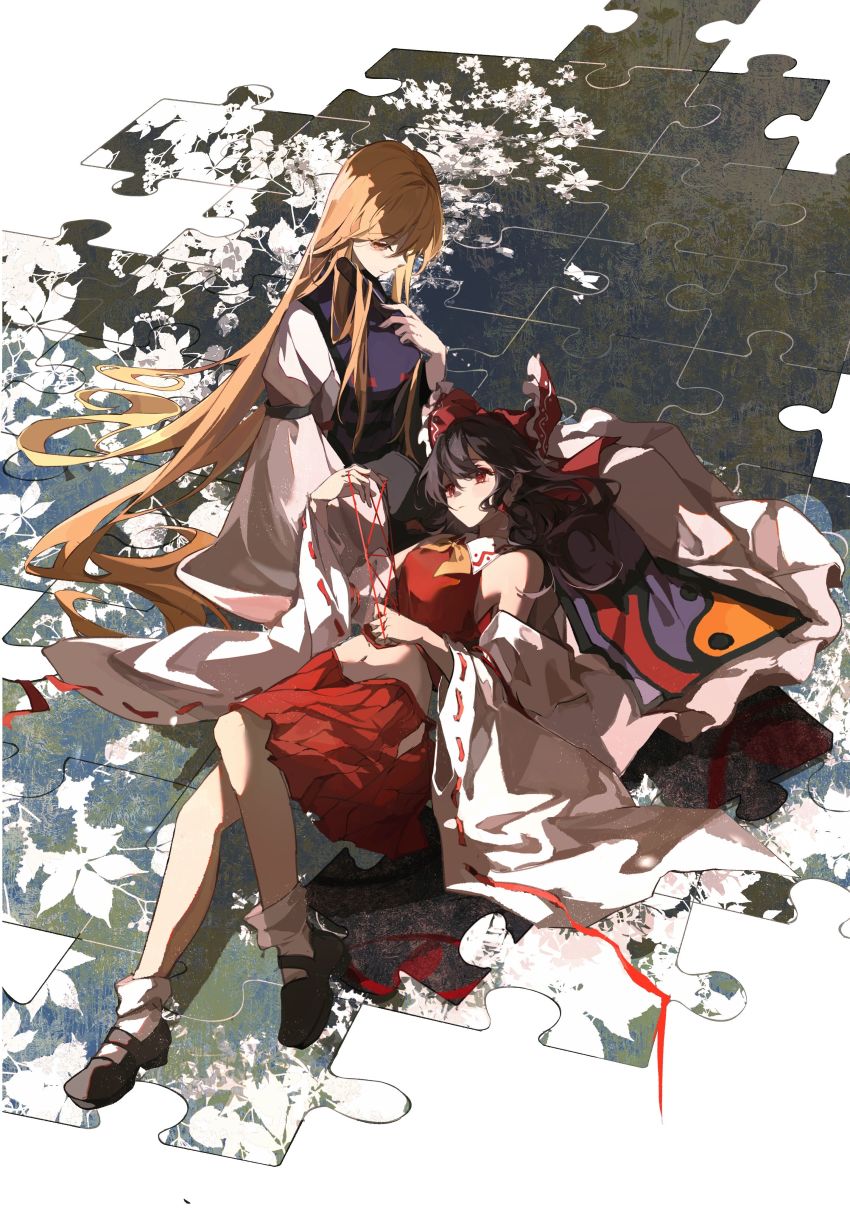 2girls, absurdres, bare_shoulders, black_footwear, blonde_hair, bobby_socks, bow, brown_hair