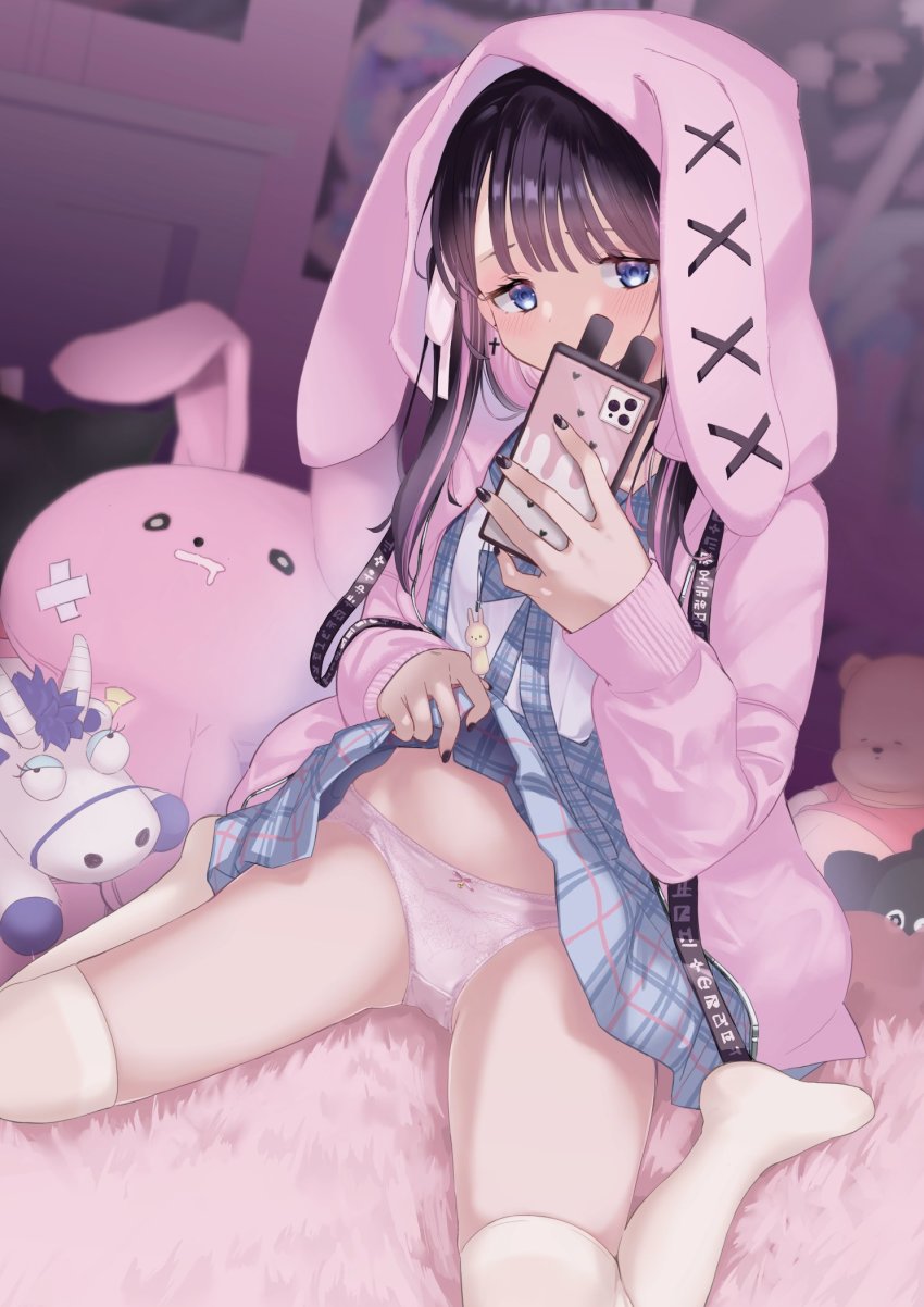 1girl, animal_hood, bad_id, bad_twitter_id, black_hair, black_nails, blue_eyes, blush, cellphone, charm_(object), check_copyright, clothes_lift, copyright_request, cross, cross_earrings, dakimakura_(ofin), earrings, highres, holding, holding_phone, hood, hooded_jacket, indoors, jacket, jewelry, lifting_own_clothes, multicolored_hair, nail_polish, open_clothes, open_jacket, original, panties, phone, pink_hair, pink_jacket, pink_panties, rabbit_hood, sitting, skirt, skirt_lift, smartphone, solo, streaked_hair, stuffed_animal, stuffed_rabbit, stuffed_toy, textless_version, thighhighs, two-tone_hair, underwear, wariza, white_thighhighs
