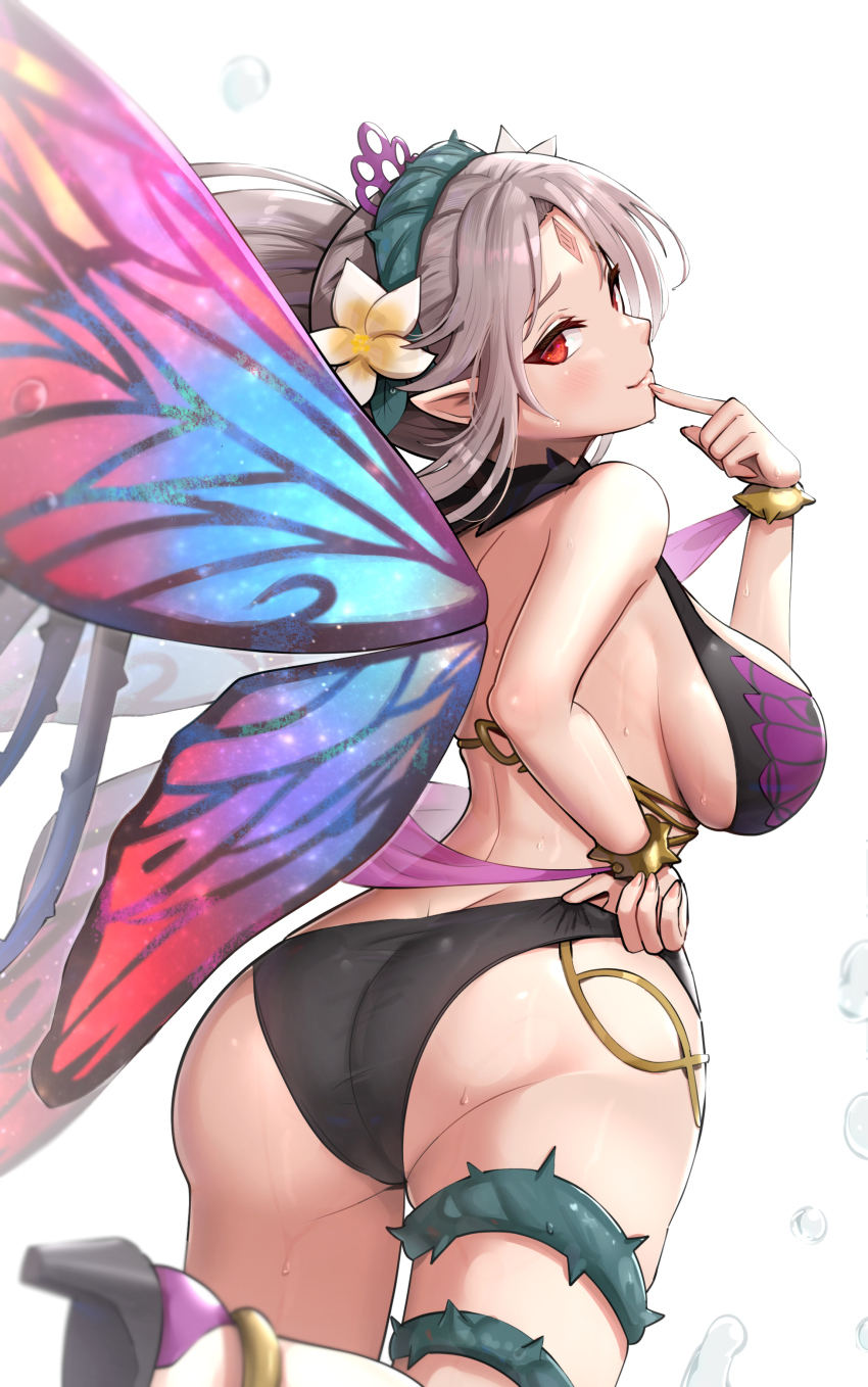 1girl, absurdres, adjusting_clothes, adjusting_swimsuit, ass, bikini, black_bikini, blush, bracelet, breasts, butt_crack, butterfly_wings, commentary_request, facial_mark, fairy, fairy_wings, fingernails, fire_emblem, fire_emblem_heroes, flower, forehead_mark, from_behind, gonzarez, grey_hair, hair_flower, hair_ornament, highres, huge_ass, insect_wings, jewelry, large_breasts, leg_up, lips, long_hair, looking_back, nintendo, official_alternate_costume, parted_bangs, plant, plumeria_(fire_emblem), plumeria_(summer)_(fire_emblem), pointy_ears, red_eyes, seductive_smile, sideboob, simple_background, smile, solo, sweat, sweatdrop, swimsuit, thigh_strap, thighs, thorns, vines, white_background, wings