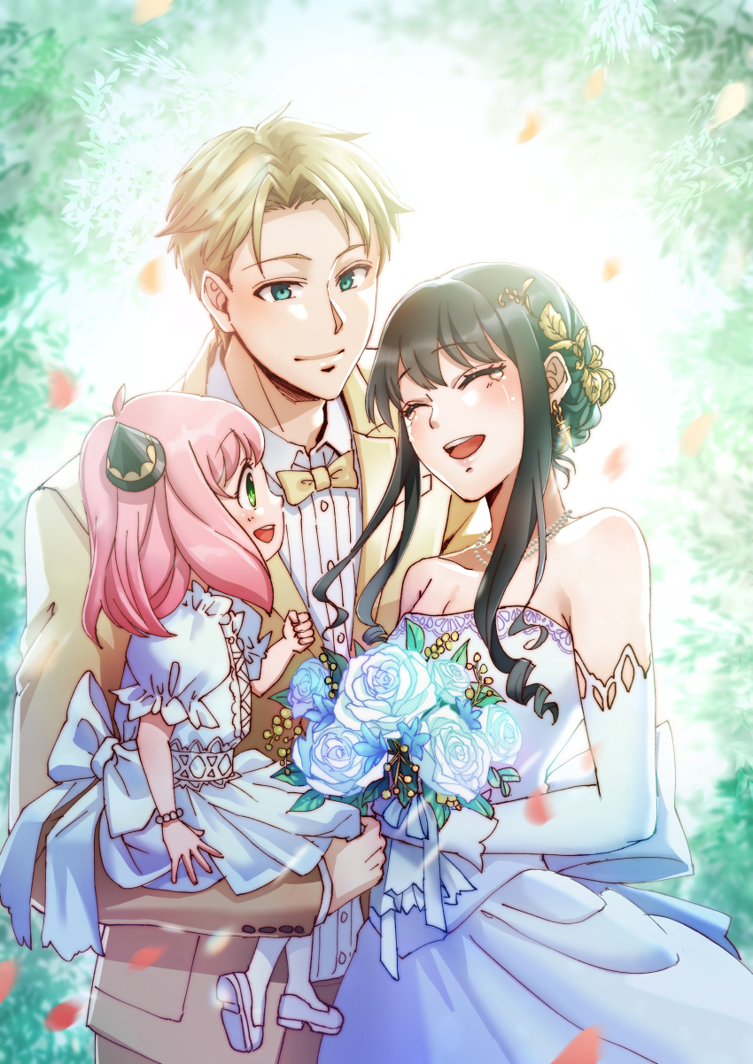 1boy, 2girls, absurdres, adoptive_parent_and_adoptive_child, anya_(spy_x_family), blonde_hair, bouquet, child, cone_hair_bun, dress, elbow_gloves, family, father_and_child, father_and_daughter, flower, formal_clothes, gloves, groom, hair_bun, hairpods, highres, holding, holding_bouquet, husband_and_wife, mother_and_child, mother_and_daughter, multiple_girls, nanase_kaduki, parent_and_child, pink_hair, short_hair_with_long_locks, spy_x_family, strapless, strapless_dress, tuxedo, twilight_(spy_x_family), wedding, wedding_dress, white_dress, yor_briar