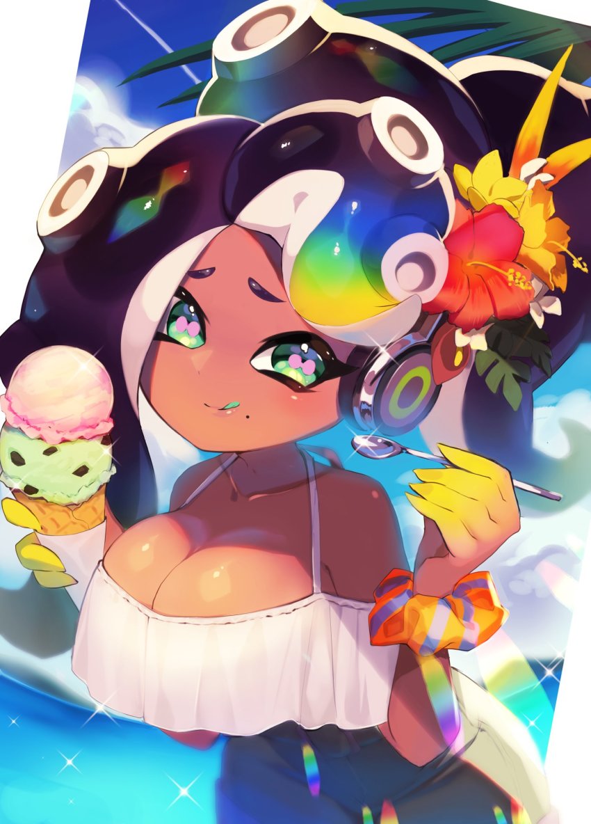1girl, alternate_costume, black_hair, breasts, cephalopod_eyes, cleavage, cloud, collarbone, crop_top, dark-skinned_female, dark_skin, flower, food, green_eyes, grey_shorts, hair_between_eyes, hair_flower, hair_ornament, headphones, highres, ice_cream, large_breasts, licking_lips, long_hair, looking_at_viewer, marina_(splatoon), mole, mole_under_mouth, nintendo, nomu_(29_nom), octoling, palm_tree, pink_pupils, shirt, shorts, sky, smile, sparkle, splatoon_(series), splatoon_2, spoon, tentacle_hair, tongue, tongue_out, tree, white_shirt, wristband