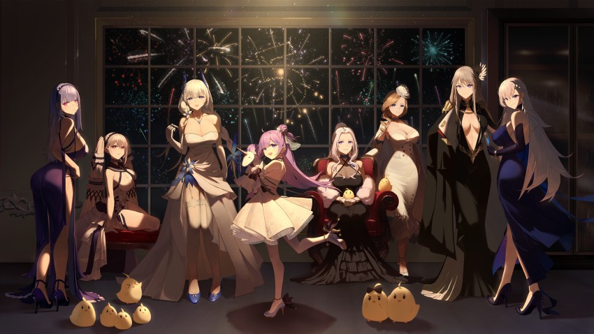 6+girls, absurdres, ass, azur_lane, belfast_(azur_lane), belfast_(the_noble_attendant)_(azur_lane), black_choker, black_dress