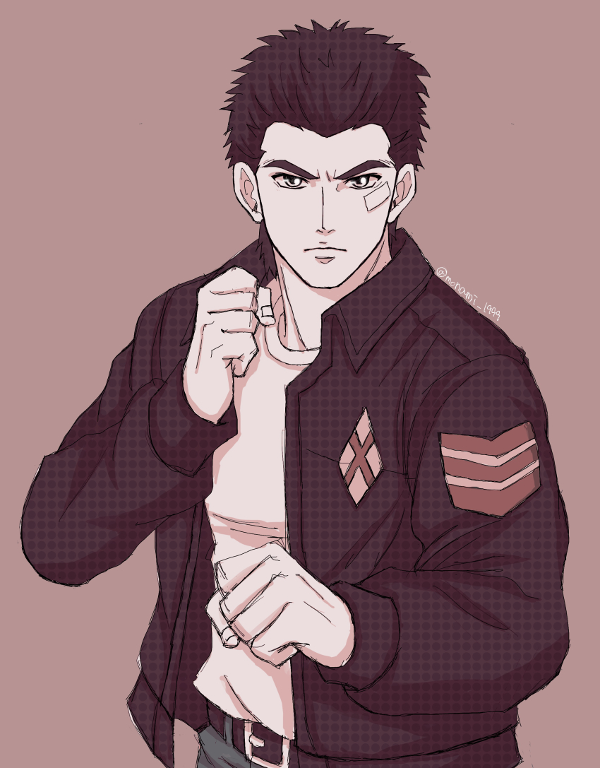 1boy, absurdres, bandage_on_face, bandages, belt, belt_buckle, black_hair, brown_jacket, buckle, clenched_hands, denim, fighting_stance, hazuki_ryou, highres, jacket, jeans, leather, leather_jacket, looking_at_viewer, monami_1999, pants, patch, serious, shenmue, shenmue_the_animation, shirt, signature, simple_background, sketch, solo, spiked_hair, t-shirt, white_shirt