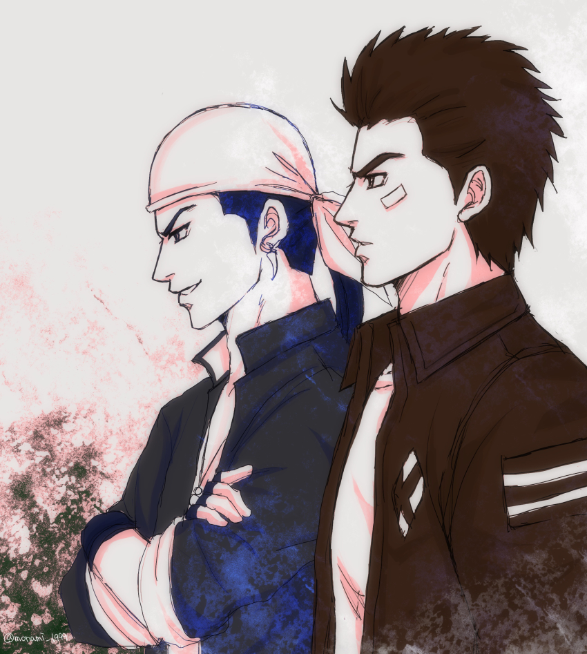 2boys, absurdres, bandage_on_face, bandages, bandana, black_gloves, black_hair, blue_shirt