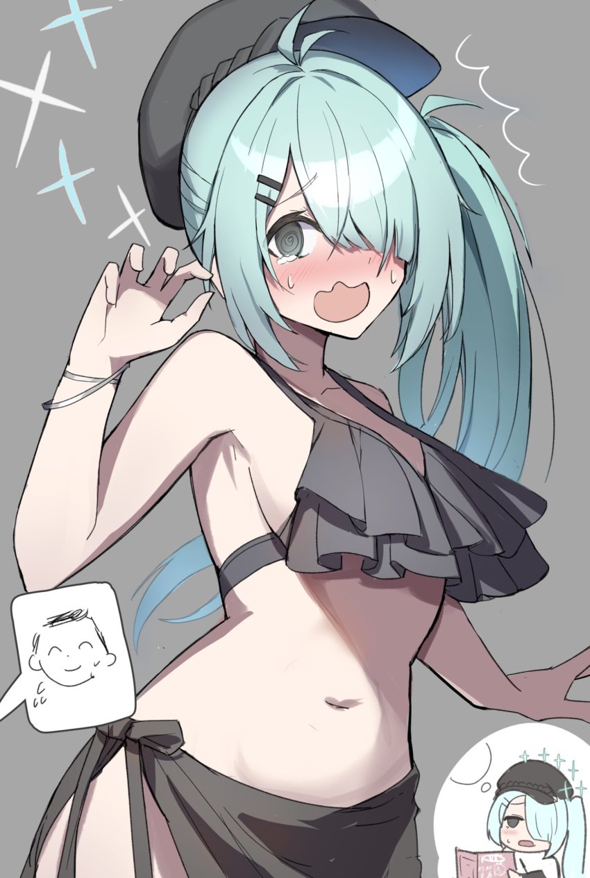 1boy, 1girl, @_@, antenna_hair, doodle_sensei_(blue_archive), bikini, black_bikini, blue_archive