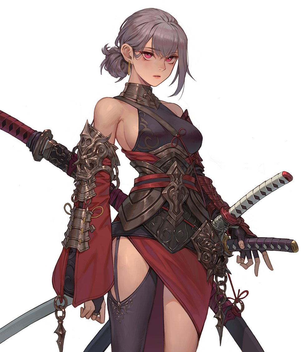 armor, armor_request, arms_at_sides, asymmetrical_gloves, asymmetrical_legwear, bare_shoulders, black_gloves, breasts, bridal_gauntlets, character_request, clothing_request, commentary_request, copyright_request, crossed_bangs, dark-skinned_female, dark_skin, detached_sleeves, dpin_(user_adhr8855), earrings, fingerless_gloves, garter_straps, gloves, grey_eyes, grey_hair, hair_behind_ear, hairstyle_request, halterneck, jewelry, katana, korean_commentary, lips, looking_at_viewer, medium_breasts, medium_hair, multiple_swords, ootachi, scabbard, serious, sheath, sheathed, simple_background, single_bridal_gauntlet, single_garter_strap, single_sidelock, sword, uneven_legwear, weapon, weapon_on_back, white_background