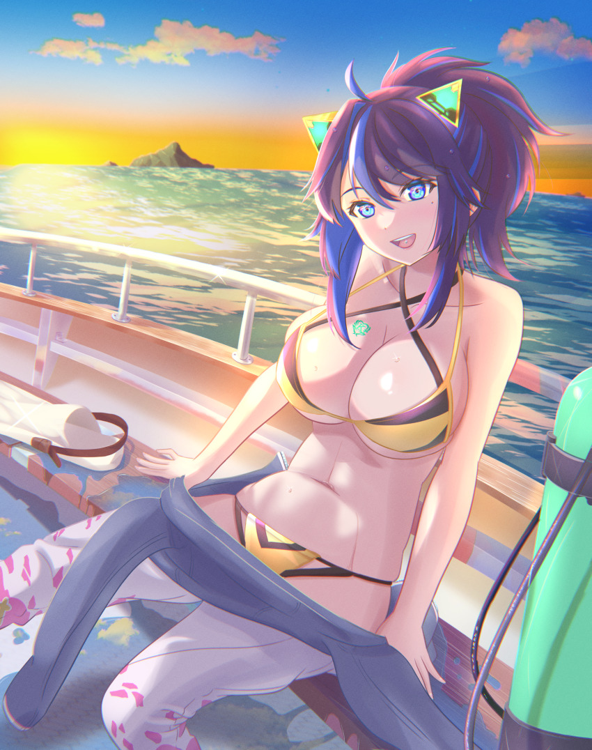1girl, :d, animal_ears, bench, bikini, blue_eyes, blue_hair, boat, bodysuit, breasts, cat_ears, chest_tattoo, cleavage, criss-cross_halter, cyberpunk, diving_suit, fake_animal_ears, halterneck, highres, kson, kson_(swimsuit), large_breasts, lemon_pool, long_hair, looking_at_viewer, mole, mole_under_eye, multicolored_bikini, multicolored_hair, navel, ocean, on_boat, open_mouth, pants, piercing, purple_hair, sandals, sitting, smile, souchou, streaked_hair, swimsuit, tattoo, tongue_piercing, two-tone_bikini, virtual_youtuber, vshojo, water, watercraft, wetsuit, white_pants