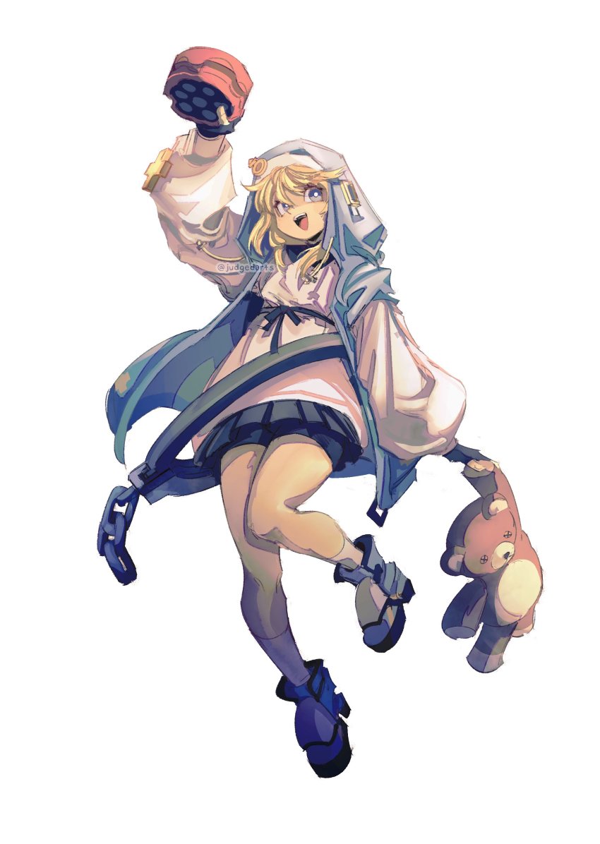 1boy, absurdres, arm_up, bare_legs, bike_shorts, black_gloves, black_ribbon, blue_eyes, blue_jacket, blush, bridget_(guilty_gear), cross, cuffs, fingerless_gloves, full_body, gloves, guilty_gear, guilty_gear_strive, habit, hair_between_eyes, handcuffs, highres, hood, hood_up, hooded_jacket, hoodie, jacket, judgedarts, long_hair, long_sleeves, looking_at_viewer, male_focus, open_mouth, oversized_object, ribbon, roger_(guilty_gear), sidelocks, simple_background, skirt, smile, solo, stuffed_animal, stuffed_toy, teddy_bear, trap, twitter_username, white_background, yo-yo