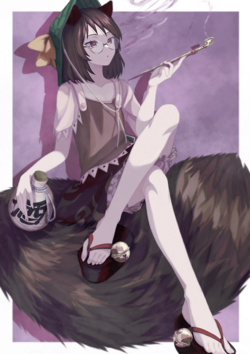 1girl, absurdres, animal_ears, bell, bloomers, border, brown_eyes, brown_hair