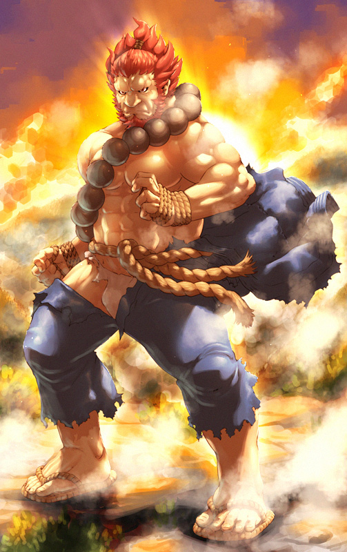 abs, bara, bead_necklace, beads, beard, bulge, character_request, facial_hair