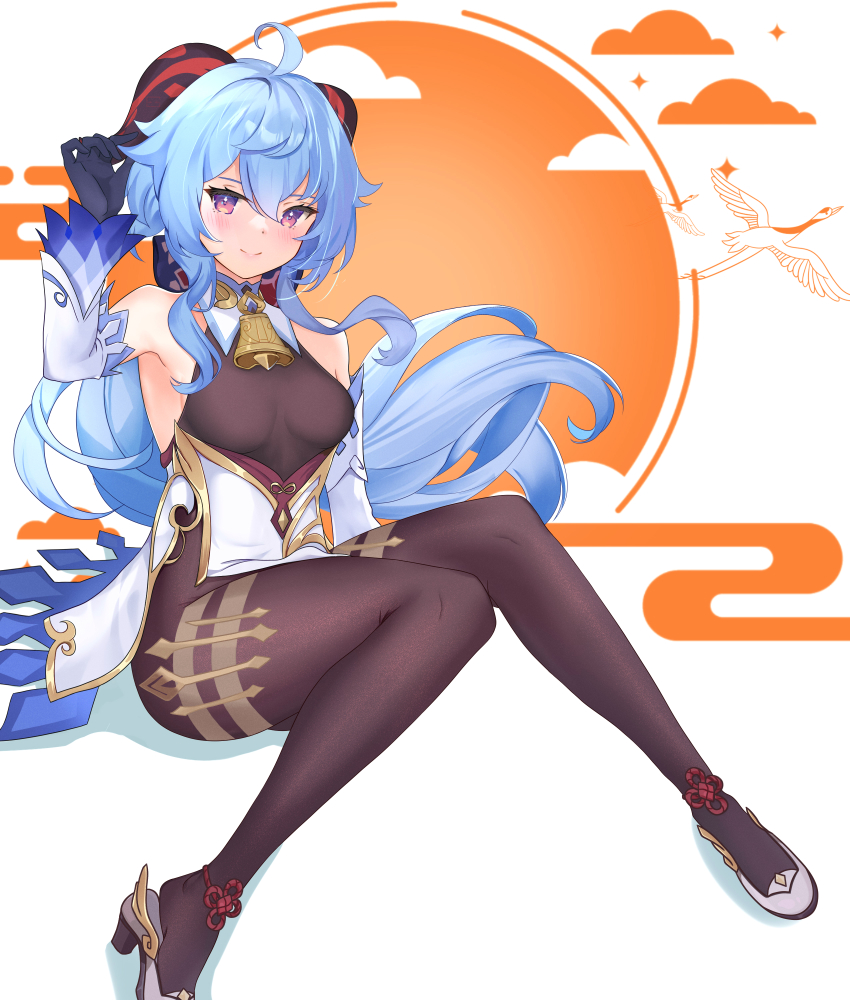 1girl, absurdres, ahoge, arm_up, bare_shoulders, bell, black_gloves, black_pantyhose