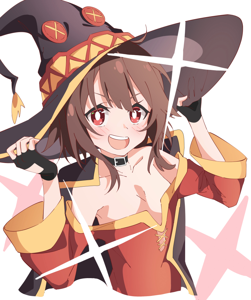 1girl, absurdres, bare_shoulders, black_cape, black_gloves, black_hair, blush, breasts, cape, choker, cloak, collarbone, dress, fingerless_gloves, gloves, hair_between_eyes, hat, he_shan123, highres, kono_subarashii_sekai_ni_shukufuku_wo!, long_sleeves, looking_at_viewer, megumin, red_dress, red_eyes, short_hair_with_long_locks, sidelocks, small_breasts, solo, upper_body, witch_hat