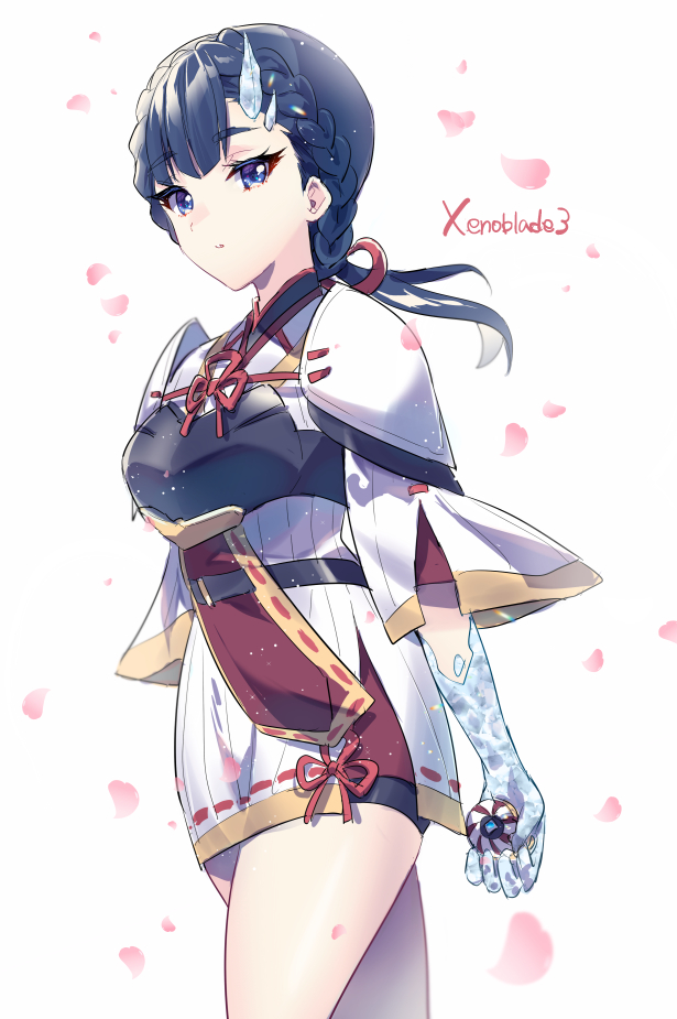 1girl, armor, blue_eyes, blue_hair, boobplate, braid, breastplate, cherry_blossoms, himeno345, japanese_clothes, nimue_(xenoblade), pauldrons, petals, shoulder_armor, simple_background, solo, thighs, white_background, xenoblade_chronicles_(series), xenoblade_chronicles_3