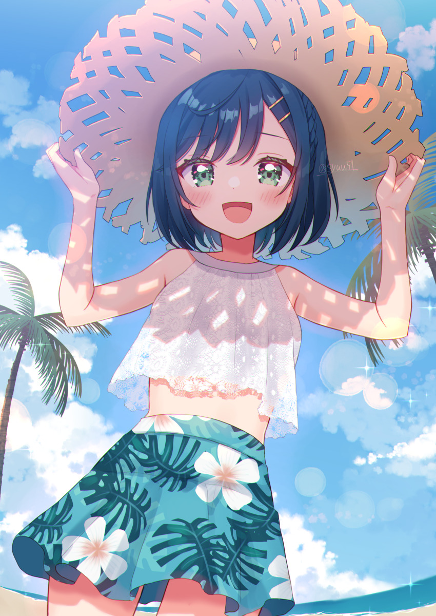 1girl, absurdres, beach, blue_hair, blue_skirt, blue_sky, blush, bob_cut
