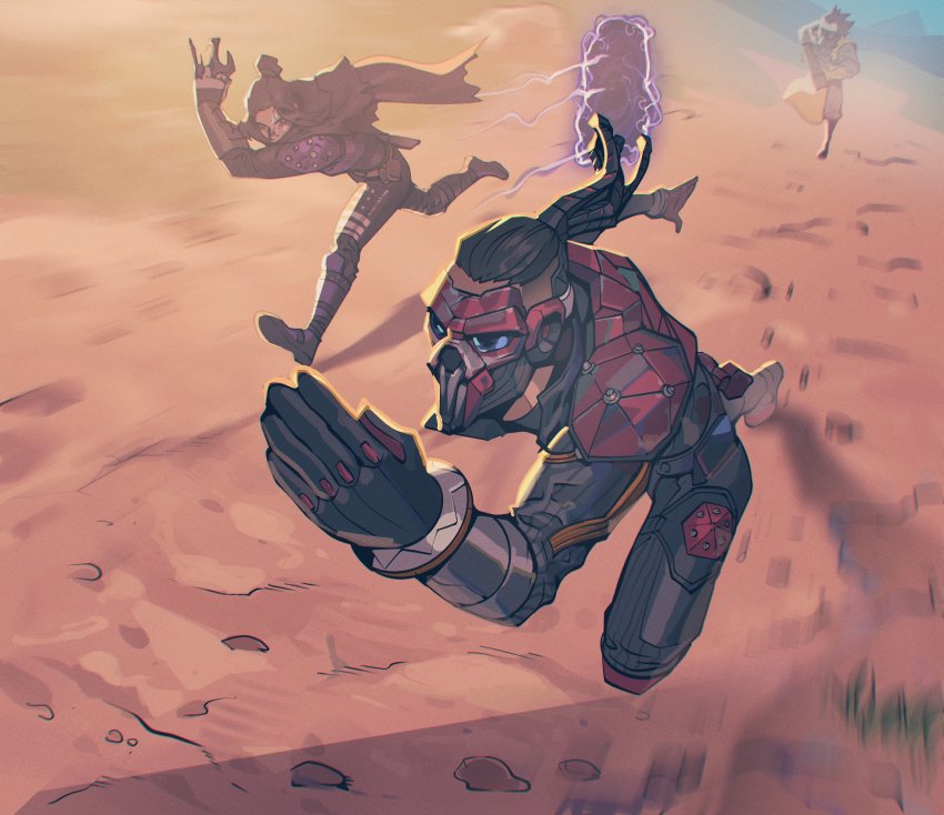 1girl, 2boys, absurdres, apex_legends, apex_legends_mobile, arc_star, armor, black_bodysuit