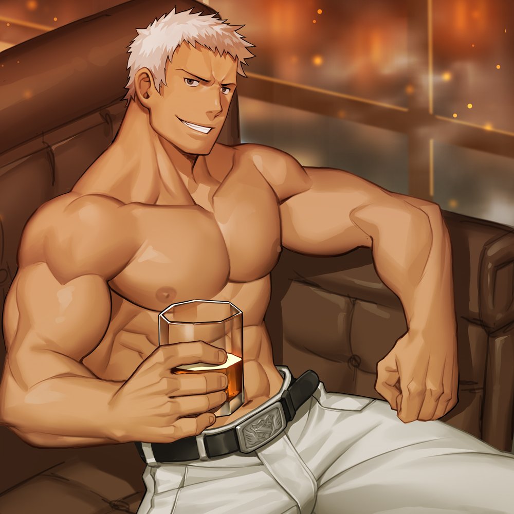 1boy, abs, bara, bare_pectorals, belt, chrisanother, cup, drinking