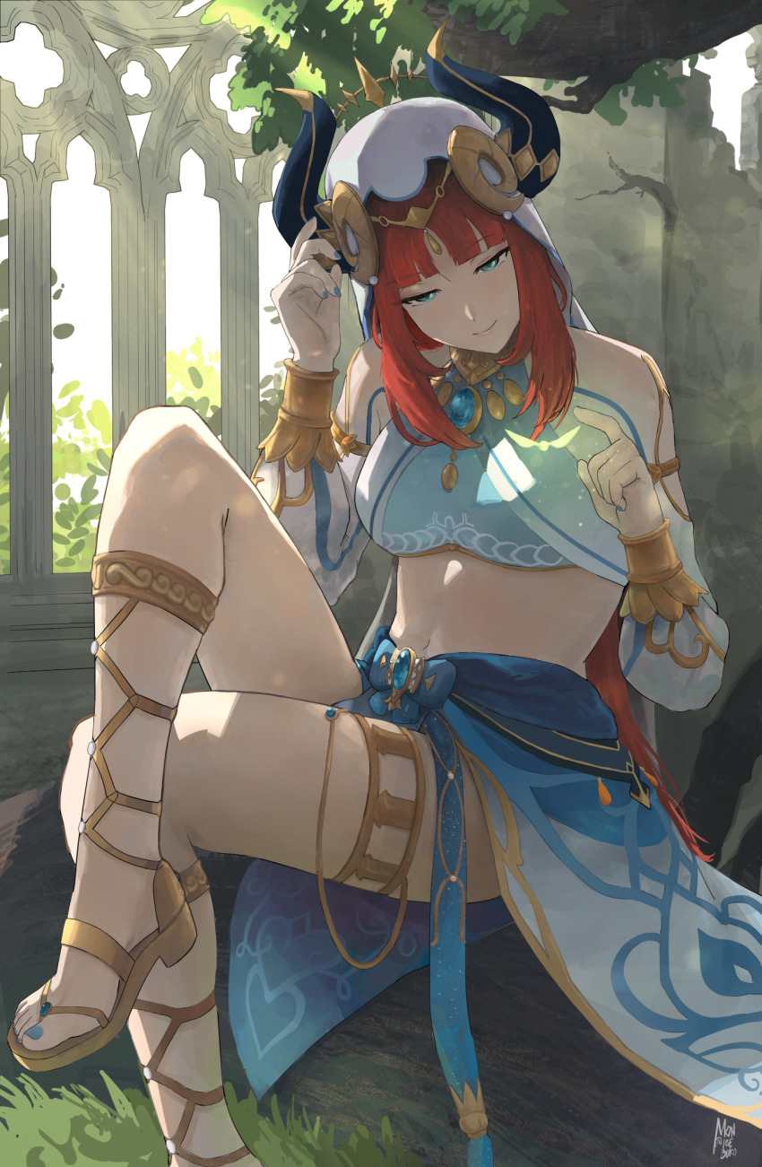 1girl, bare_shoulders, blue_eyes, blunt_bangs, bow, bracer, breasts, closed_mouth, crossed_legs, feet, forehead_jewel, full_body, genshin_impact, grass, half-closed_eyes, harem_outfit, high_heel_sandals, high_heels, highres, jewelry, long_sleeves, midriff, mon_(icebuko), nail_polish, navel, nilou_(genshin_impact), outdoors, puffy_long_sleeves, puffy_sleeves, red_hair, sandals, sitting, skirt, smile, solo, sunlight, toenail_polish, toenails, toes, vambraces